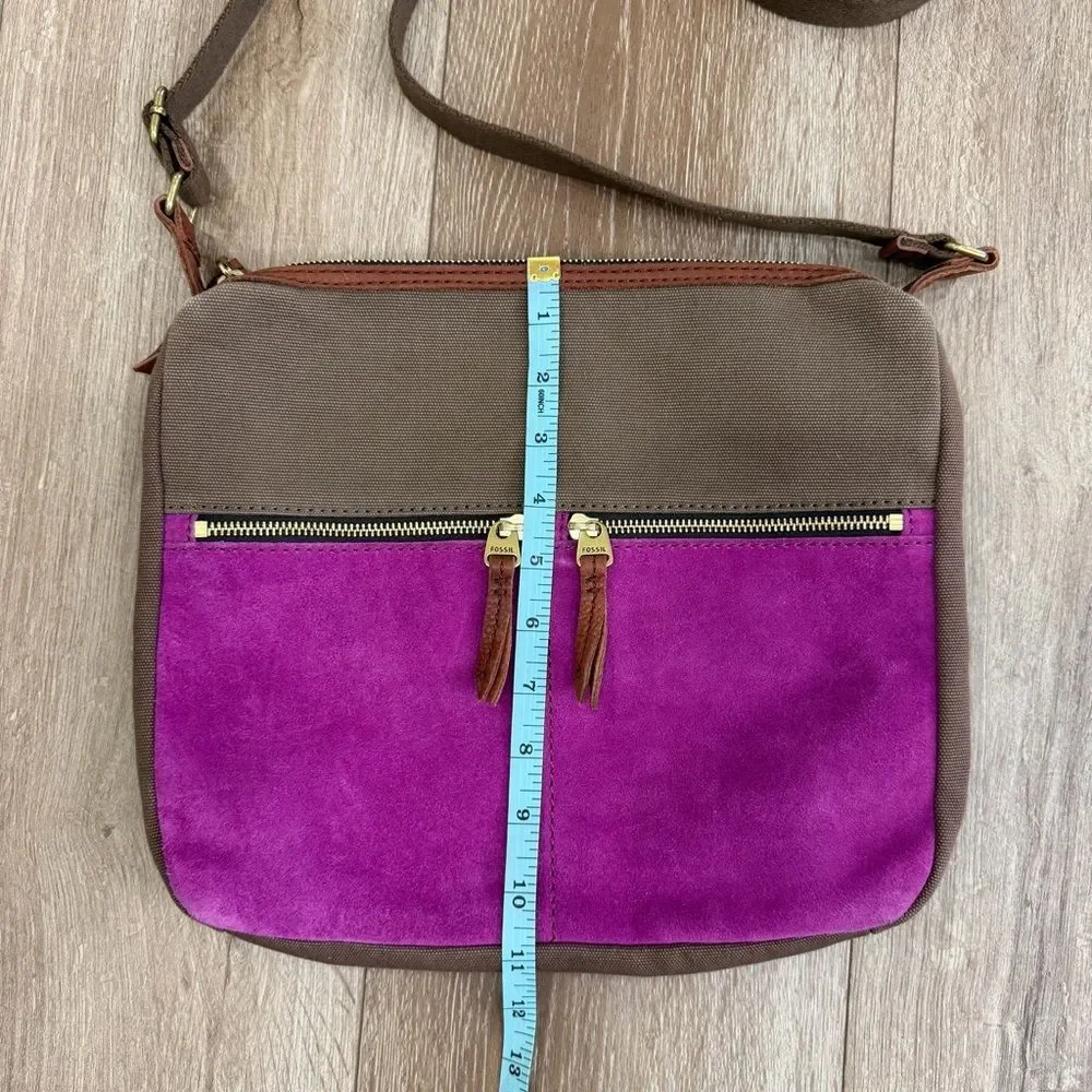 Fossil Erin Canvas and Leather Top Zip Crossbody Handbag Adjustable Pink Brown - Picture 12 of 15